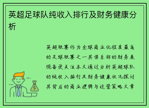 英超足球队纯收入排行及财务健康分析