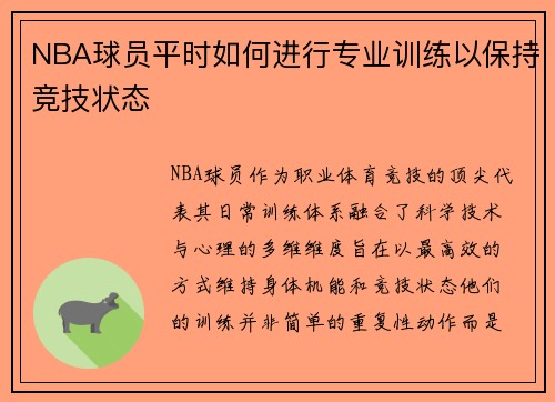 NBA球员平时如何进行专业训练以保持竞技状态